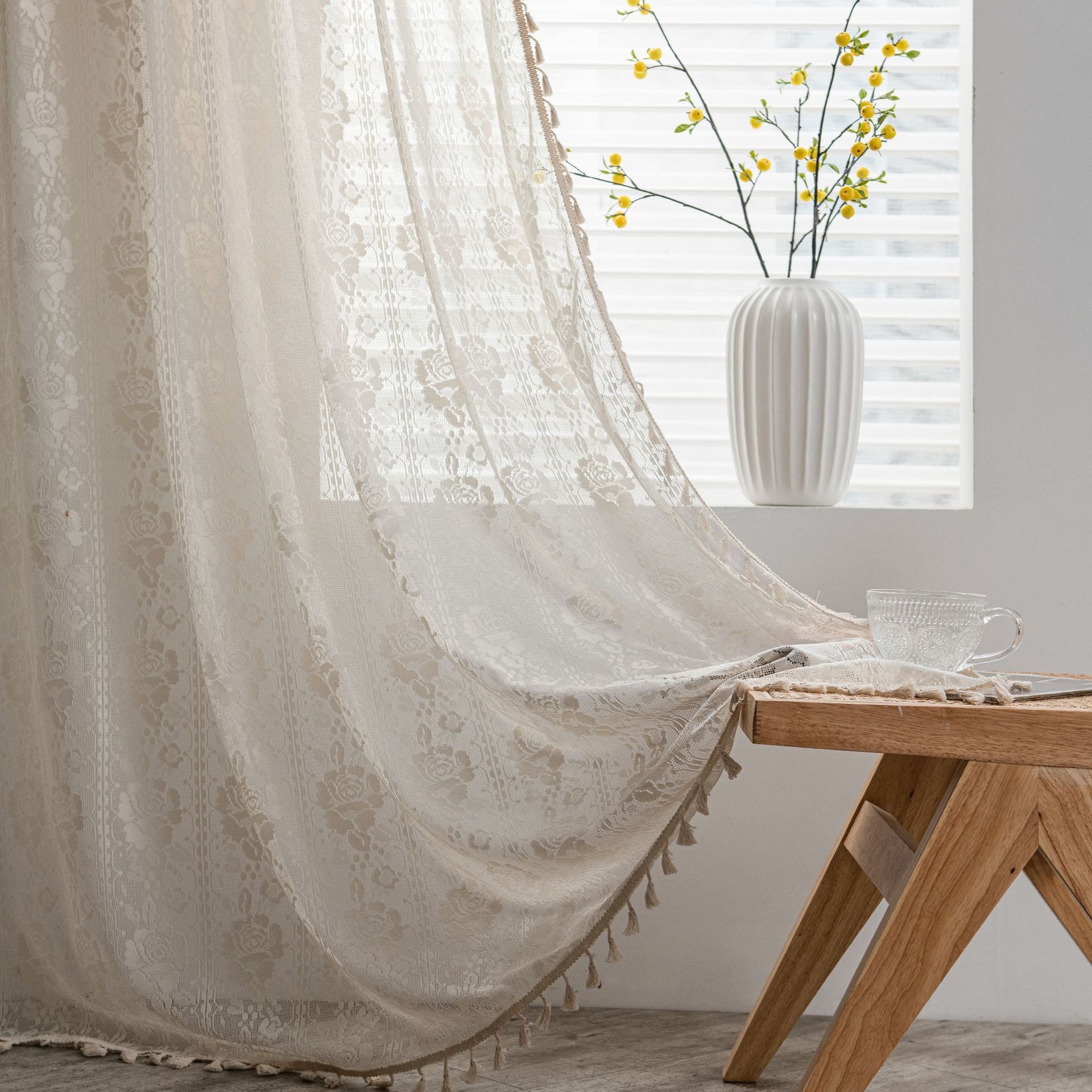 Curtain piece Beige Crochet Light Transmission American Country Hollow Living Room Balcony Bedroom Bay Window Art