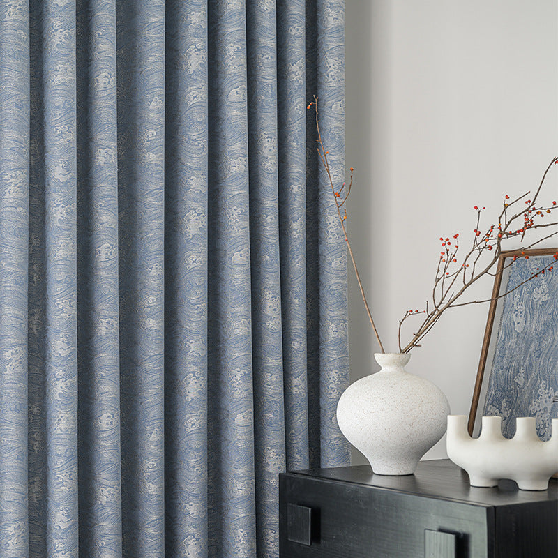 New Chinese Moire Wave Roll Texture Gray Blue High-end Living Room Bedroom Curtain High Temperature Sizing Package Installation