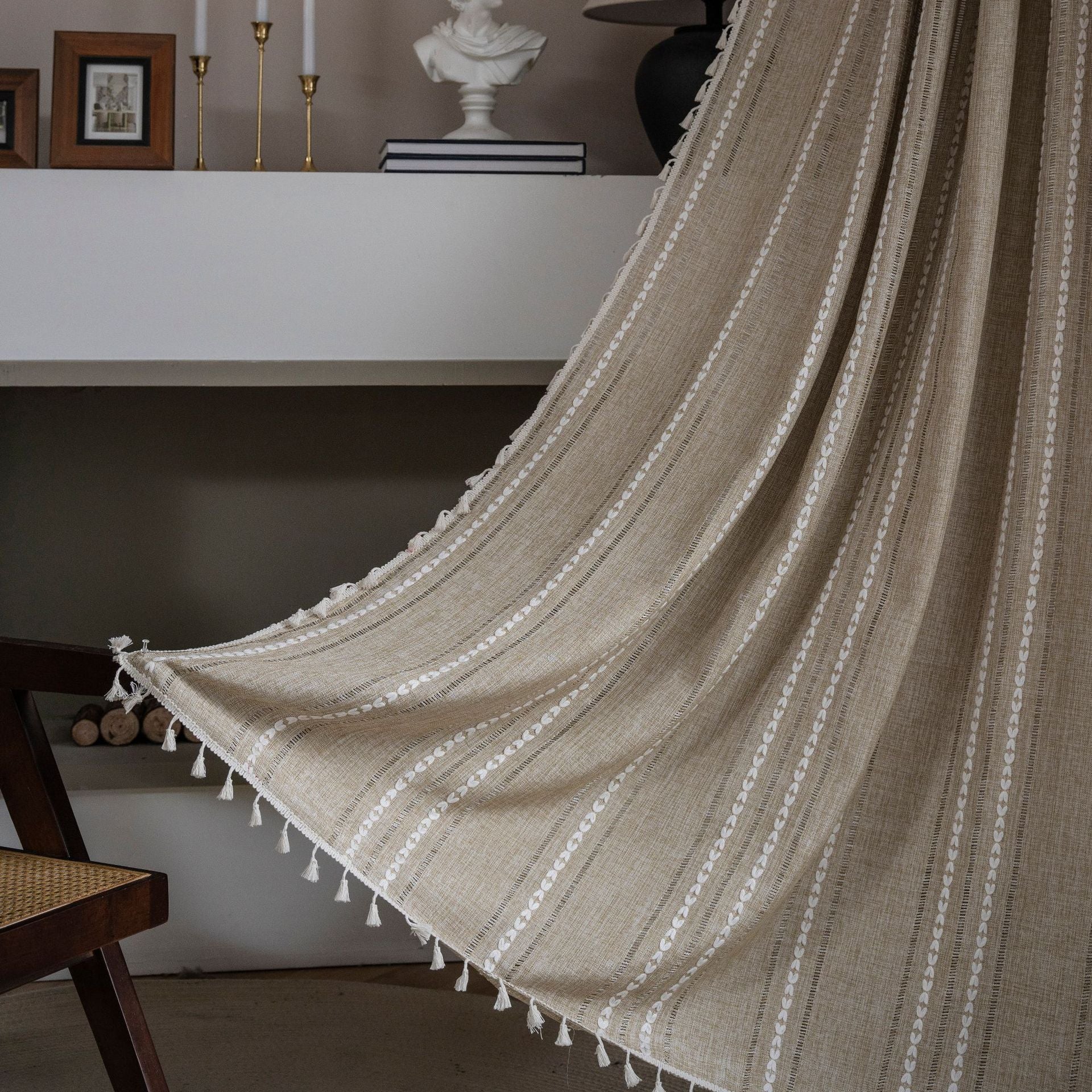 Bay Window Curtain Finished Green Contrasting Color Blocking Curtain Semi-shading Tassel Embroidered Door Curtain Bedroom Rural Style