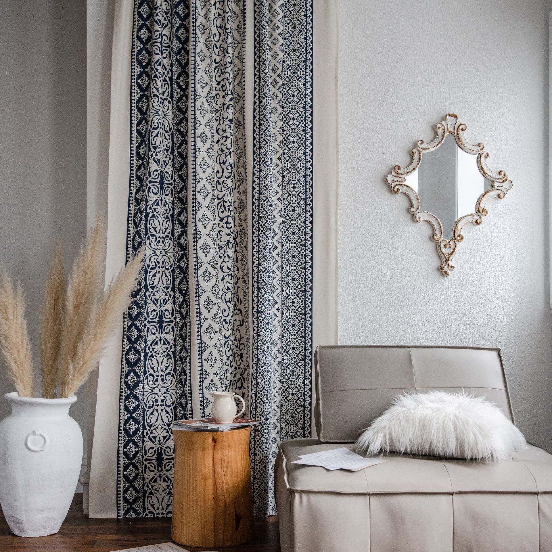 Curtain Finished Cotton and Linen Printed Blue and White Porcelain Home Stay Curtain Semi-Shaded Kitchen Bay Window Factory Direct Supply