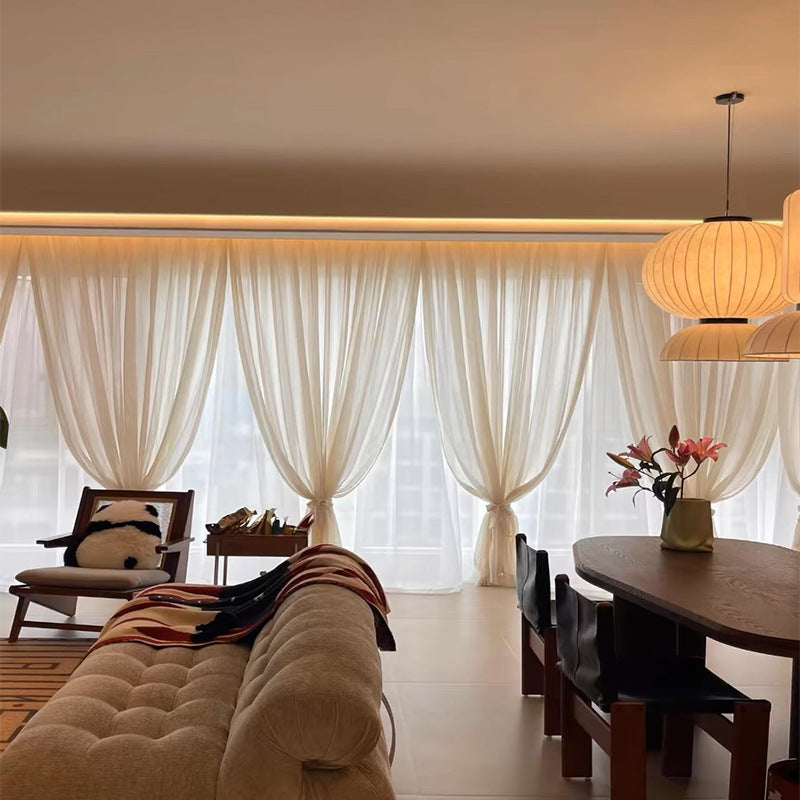 French double-layer cream color linen yarn balcony living room curtain semi-shading transparent gauze curtain floor window