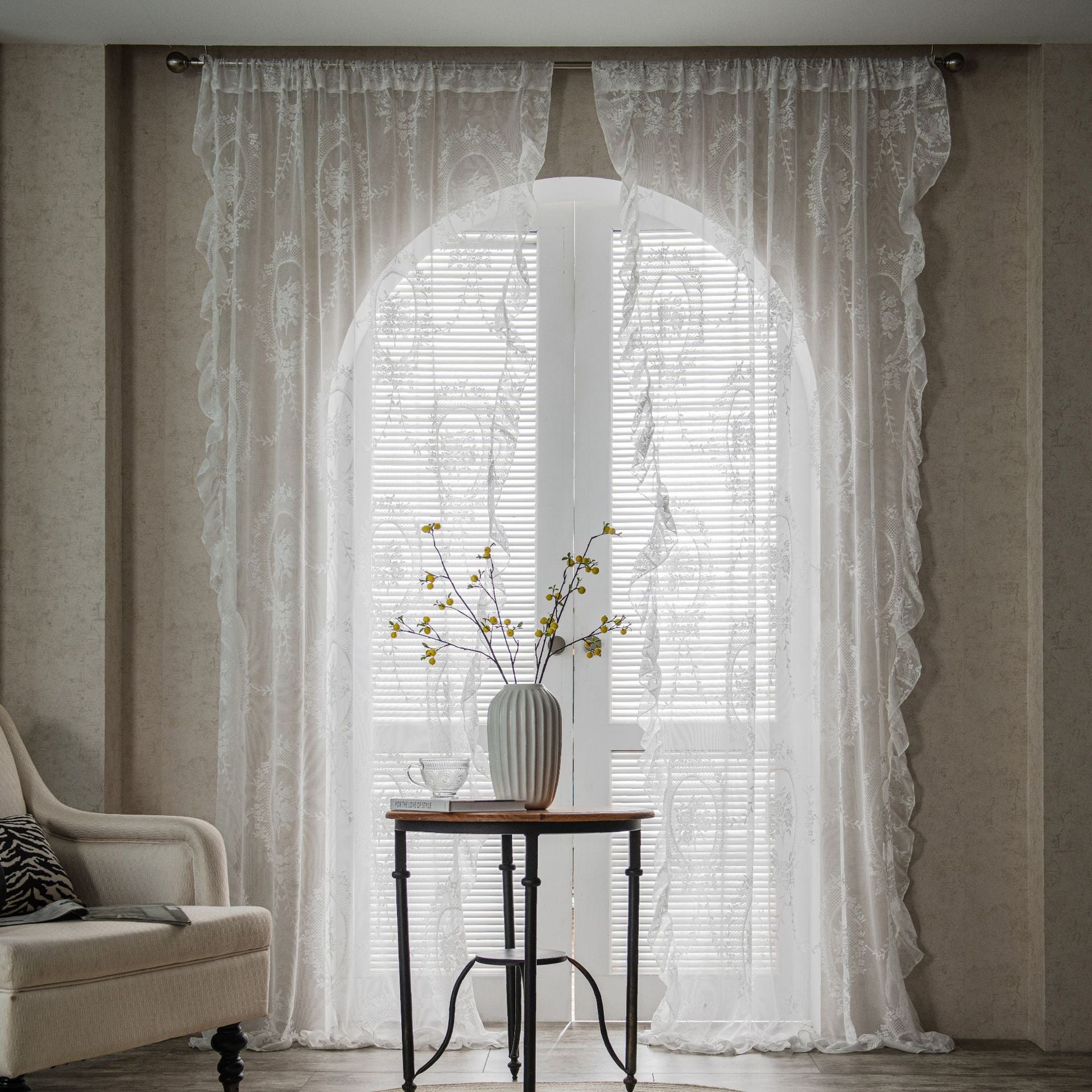 Retro Transparent Lace Gauze Curtain Ruffled Balcony Bay Window White Sand Partition Wave Pastoral Curtain