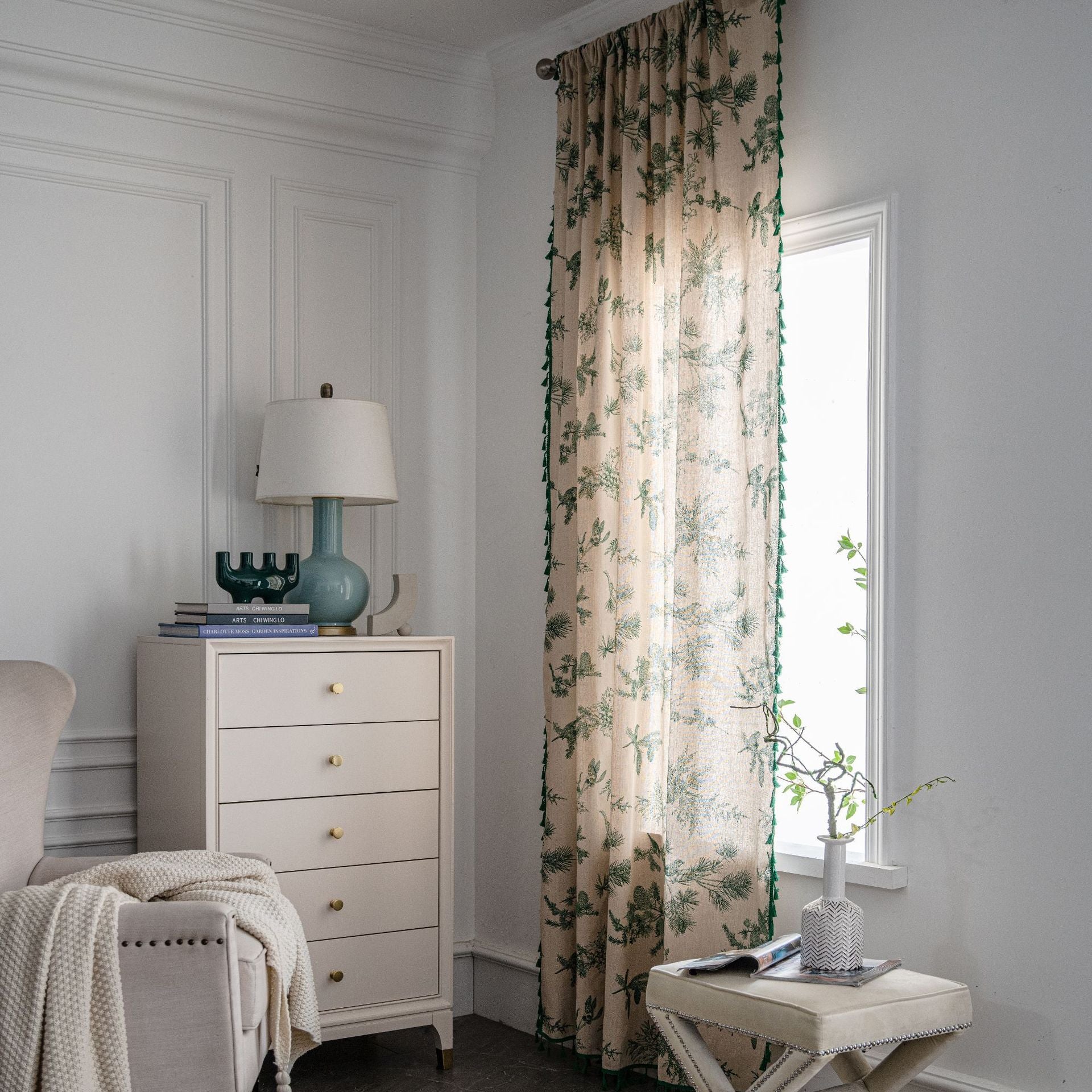 Curtain Finished Cotton and Linen Printed Green Pine Fruit Homestay Curtain Semi-Shaded Kitchen Curtain Bay Window Factory Straight