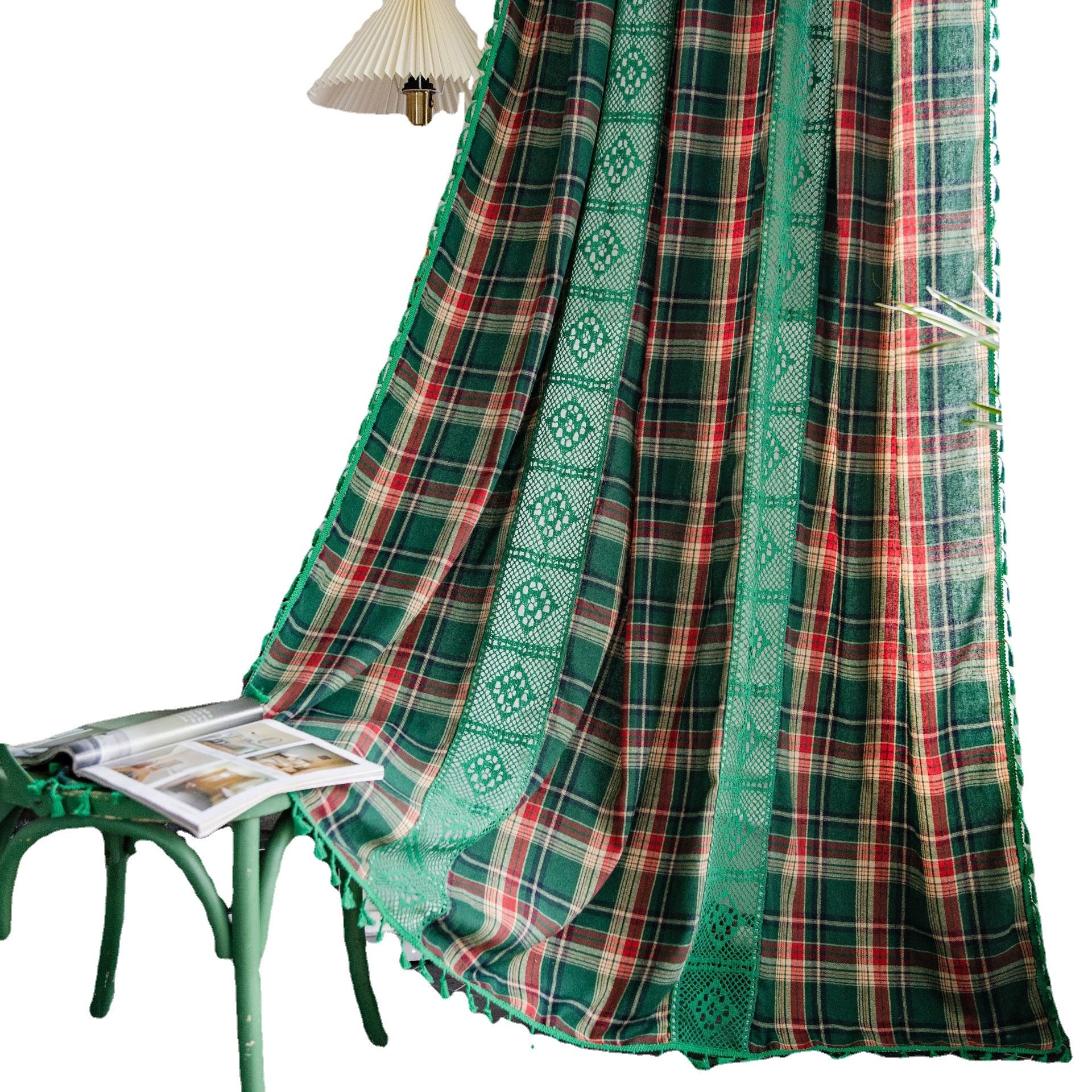 Curtain Green Plaid Stitching Yarn-dyed American Curtain Finished Kitchen Curtain Bay Window Curtain Semi-shading