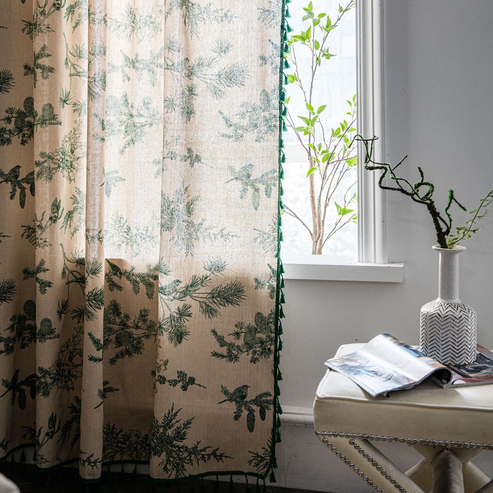 Curtain Finished Cotton and Linen Printed Green Pine Fruit Homestay Curtain Semi-Shaded Kitchen Curtain Bay Window Factory Straight