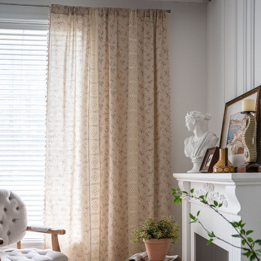 Curtain country style Curtain Finished Printed Hollow Stitching American Style Kitchen Curtain Semi-Shading Curtain Tassel