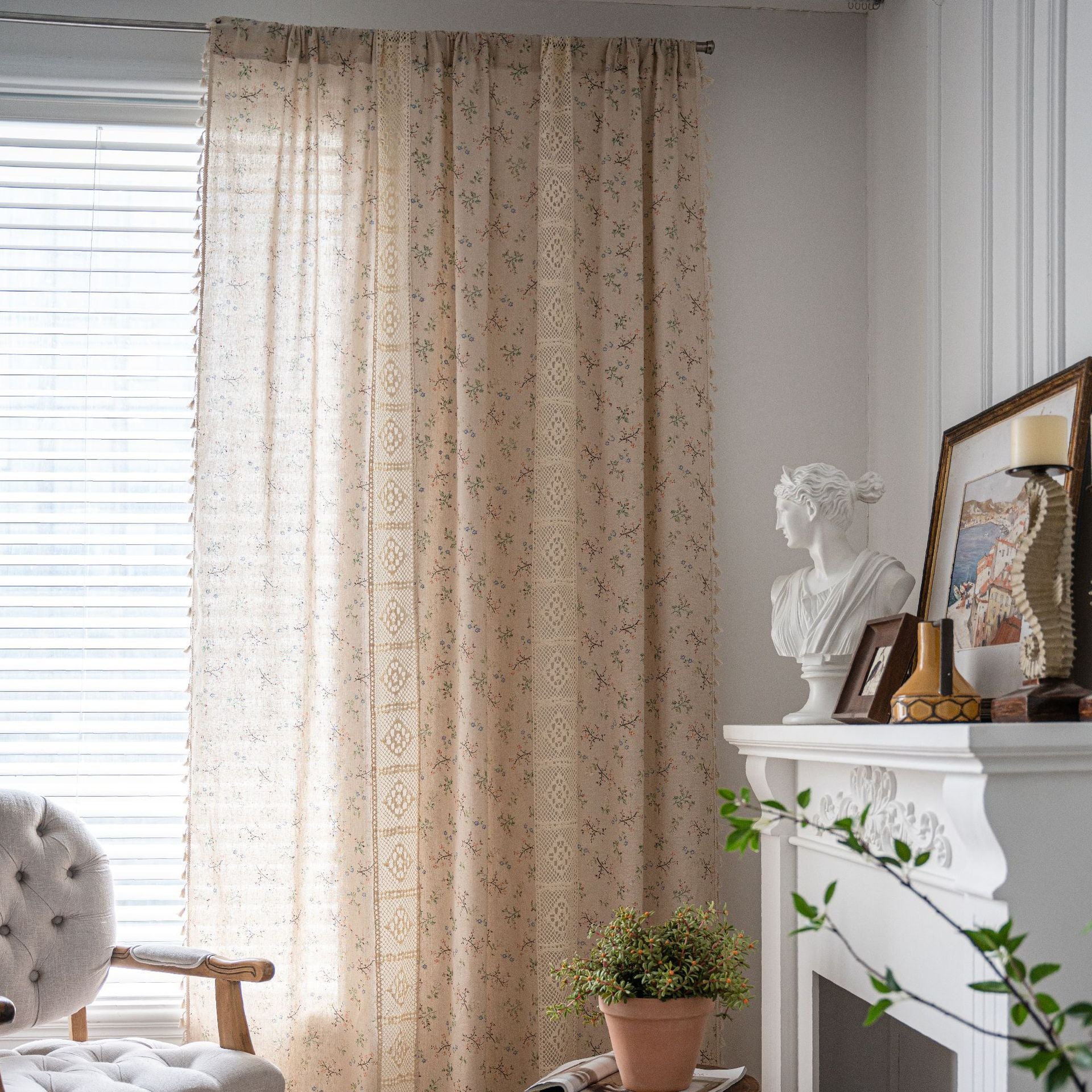 Curtain country style Curtain Finished Printed Hollow Stitching American Style Kitchen Curtain Semi-Shading Curtain Tassel
