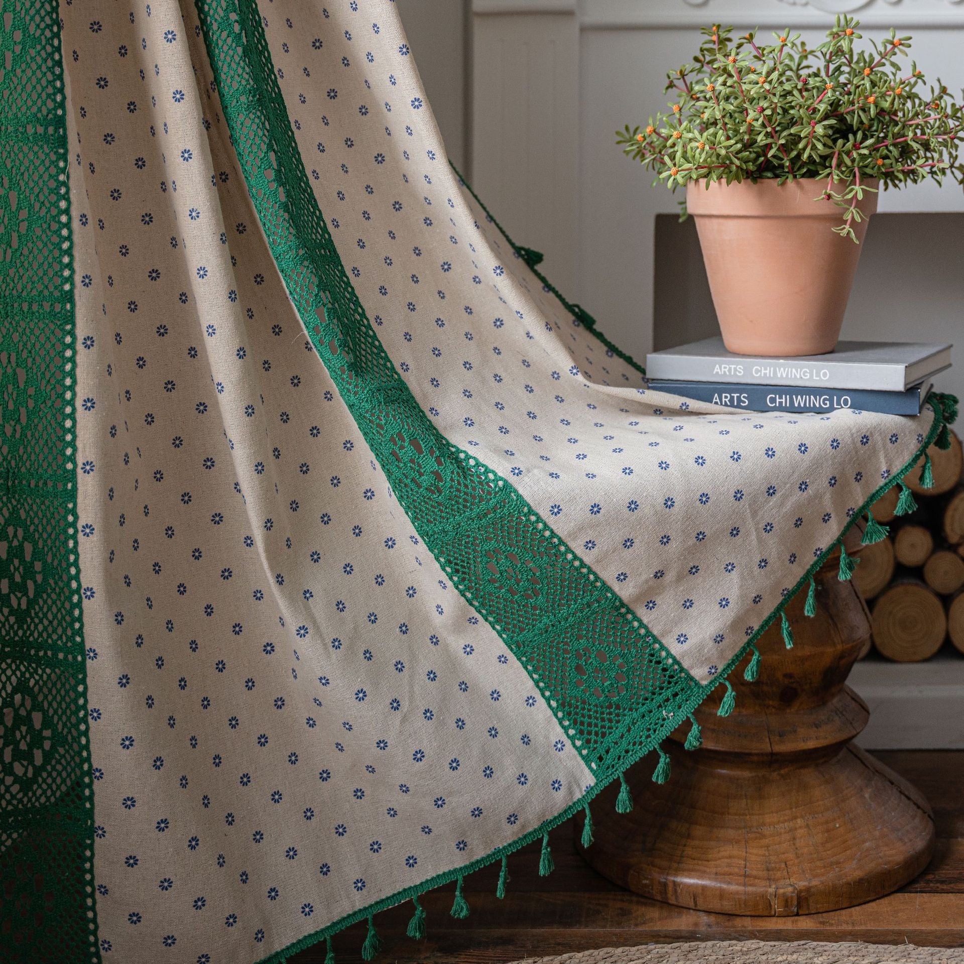 Curtain country style Curtain Finished Printed Hollow Stitching American Style Kitchen Curtain Semi-Shading Curtain Tassel
