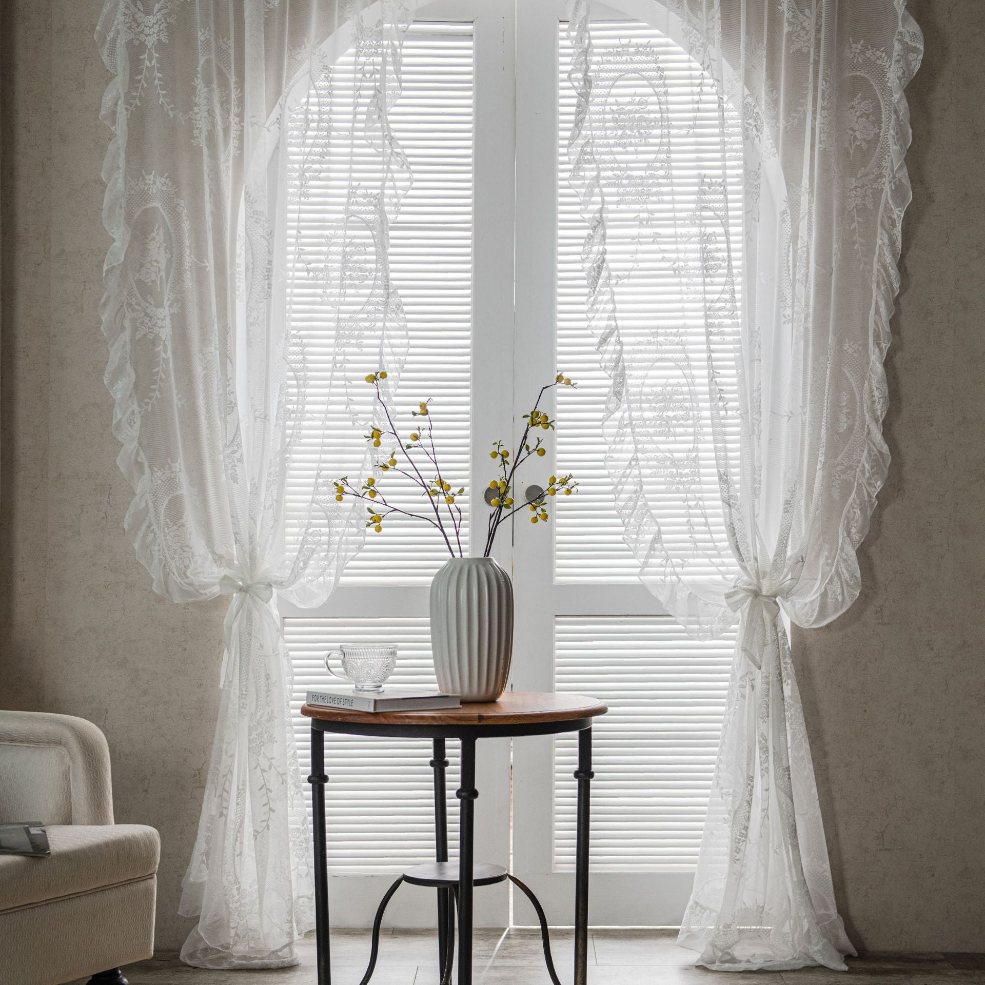 Retro Transparent Lace Gauze Curtain Ruffled Balcony Bay Window White Sand Partition Wave Pastoral Curtain