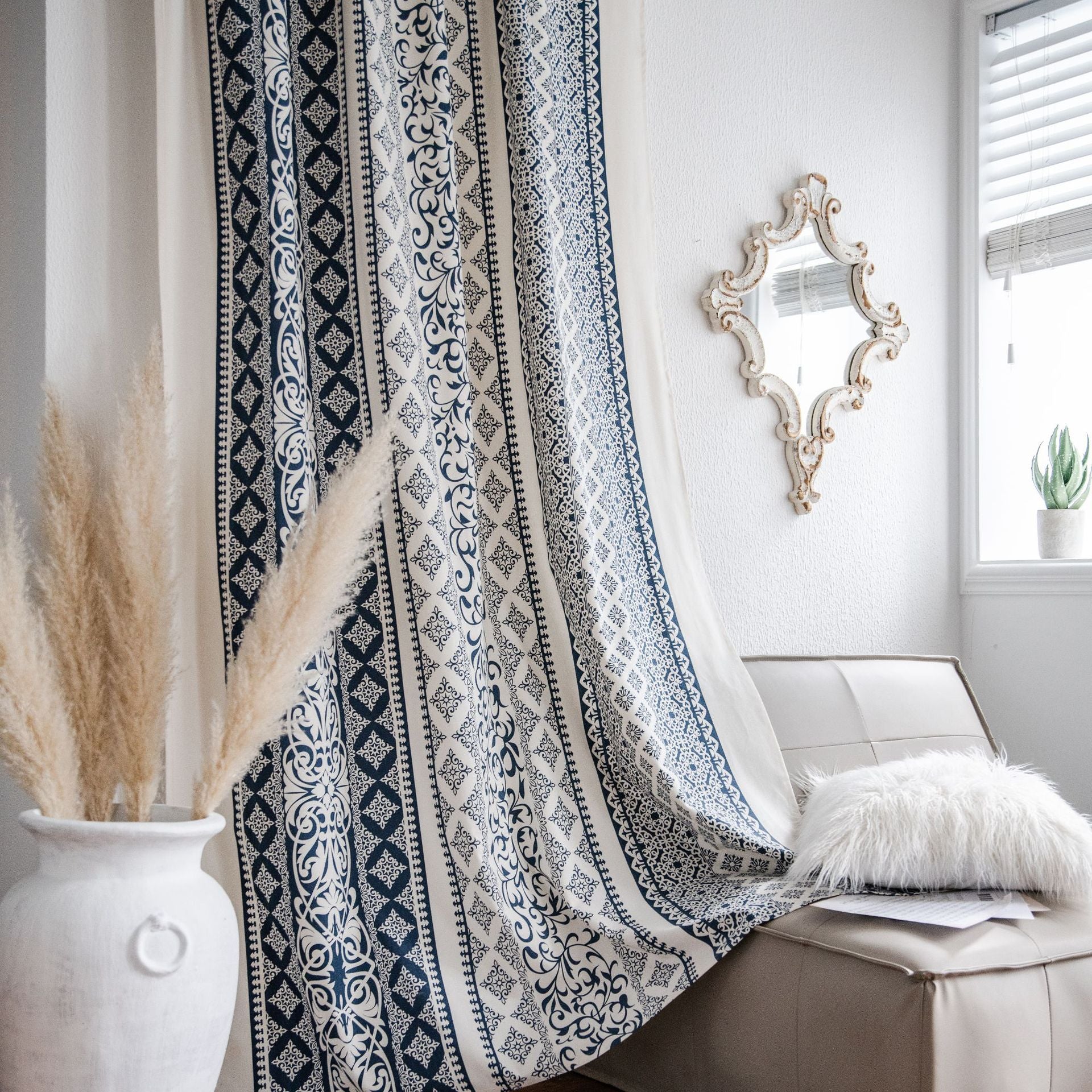 Curtain Finished Cotton and Linen Printed Blue and White Porcelain Home Stay Curtain Semi-Shaded Kitchen Bay Window Factory Direct Supply