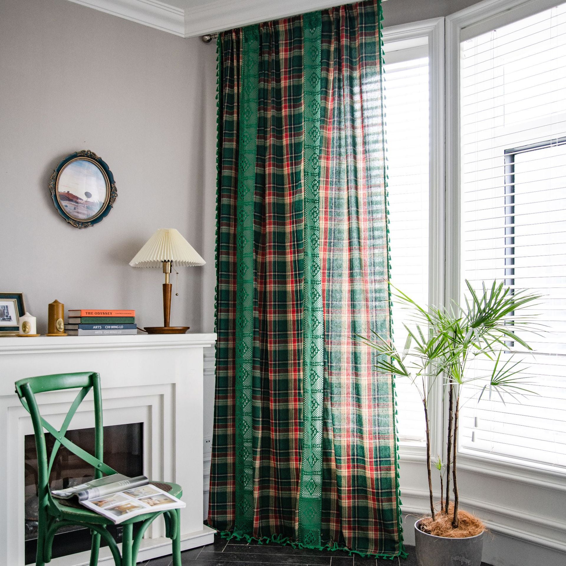 Curtain Green Plaid Stitching Yarn-dyed American Curtain Finished Kitchen Curtain Bay Window Curtain Semi-shading