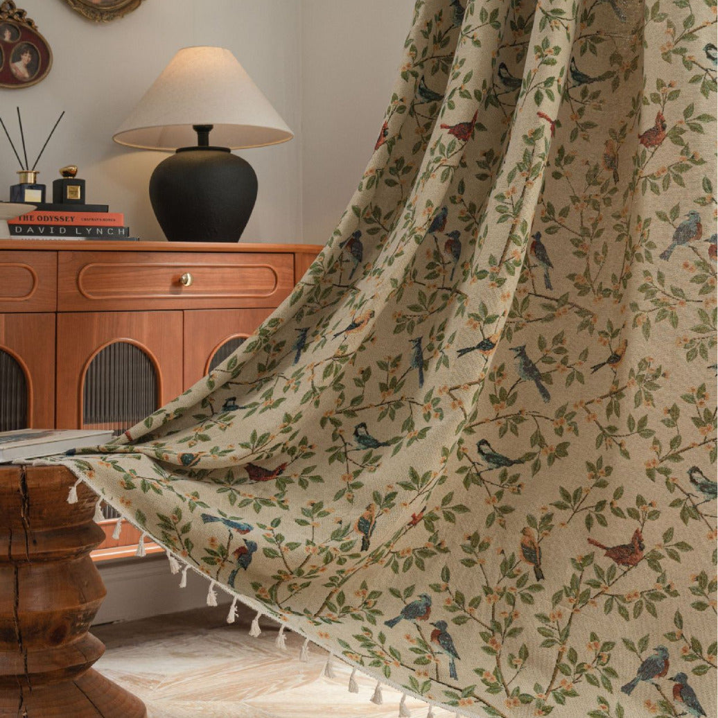 Jacquard Flower Bird Graphic Curtain for Kitchen Semi-Shaded Bay Window Treatment Factory Direct Supply