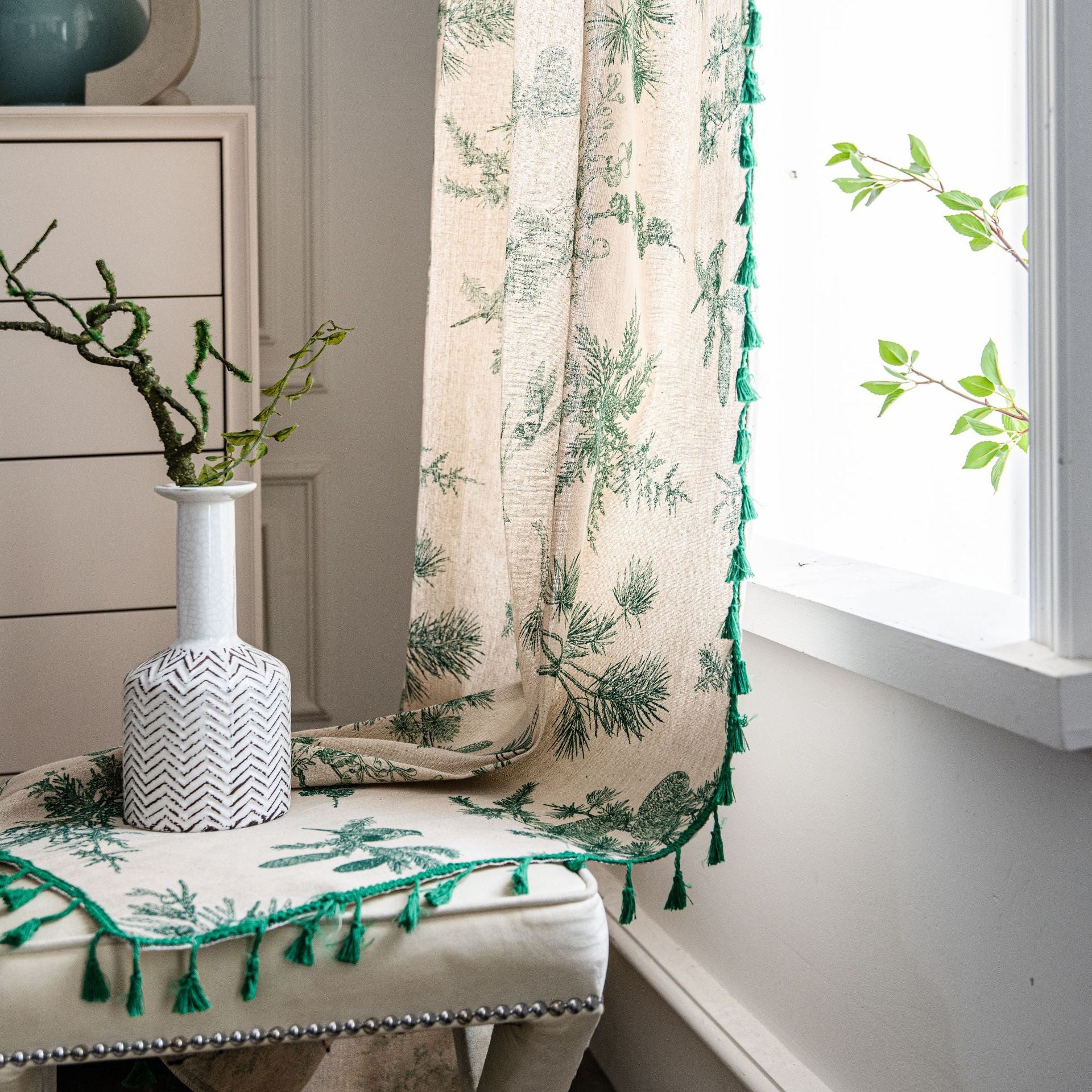 Curtain Finished Cotton and Linen Printed Green Pine Fruit Homestay Curtain Semi-Shaded Kitchen Curtain Bay Window Factory Straight