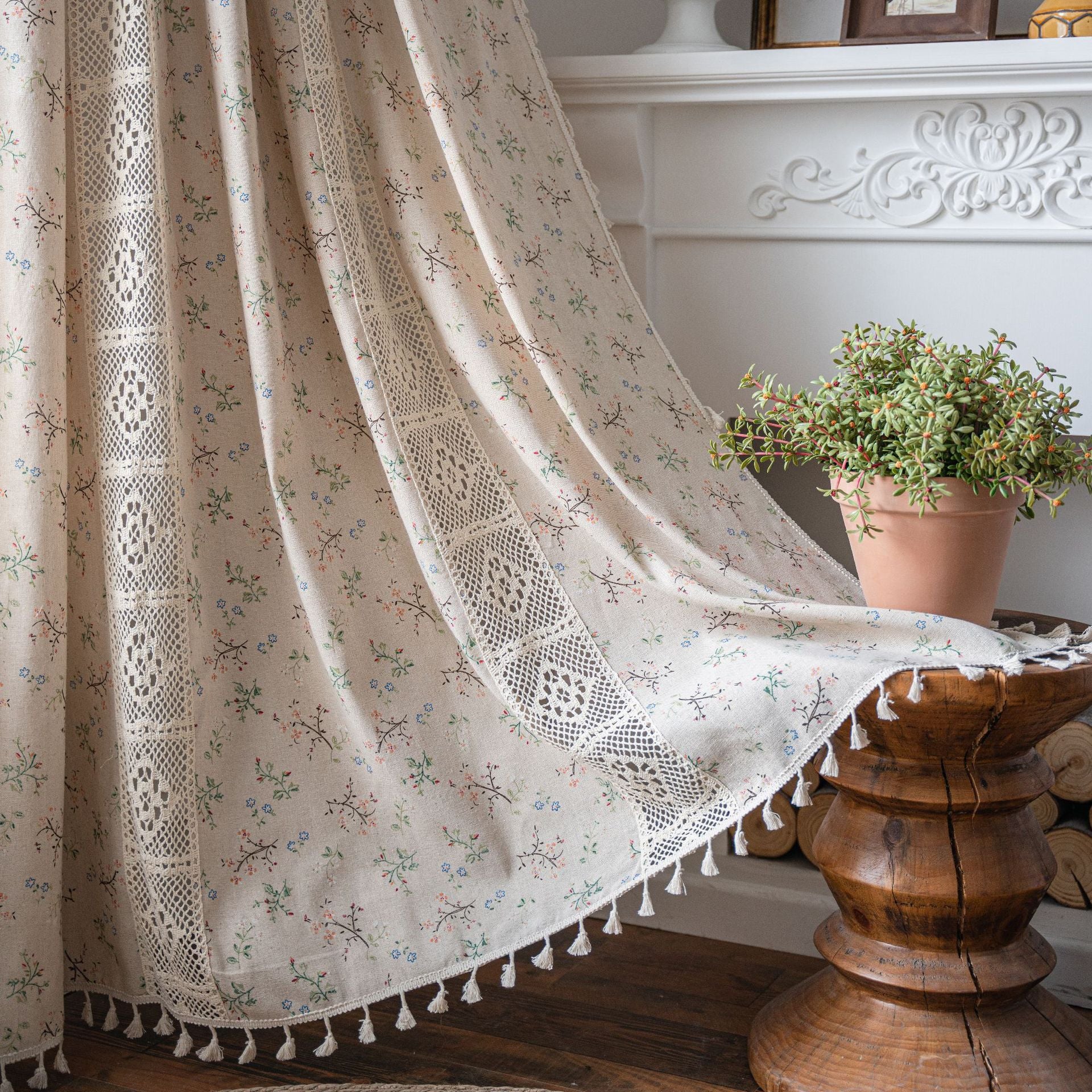Curtain country style Curtain Finished Printed Hollow Stitching American Style Kitchen Curtain Semi-Shading Curtain Tassel