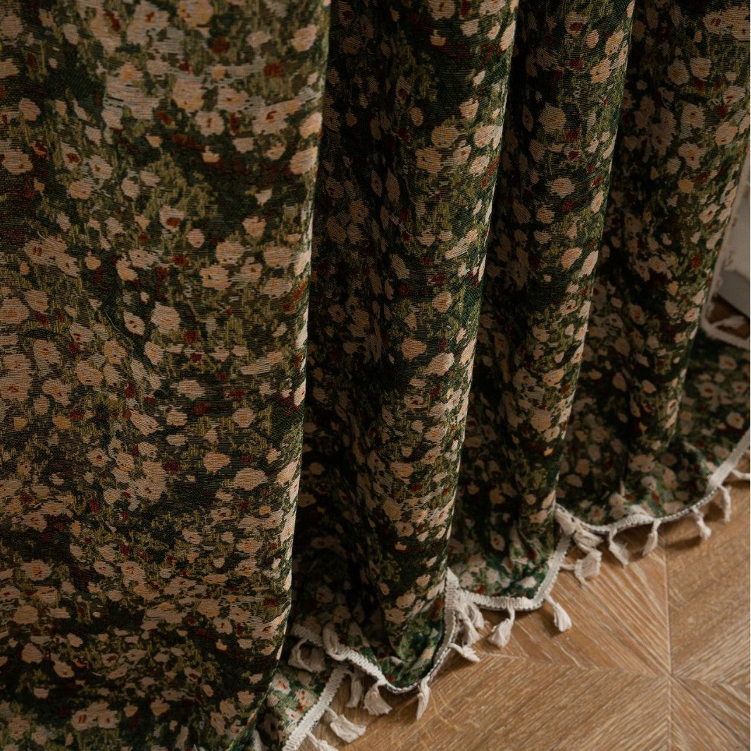 French Curtain Retro Style Thickened Green Floral Curtain Finished Semi-Shaded Green Monet Oil Painting
