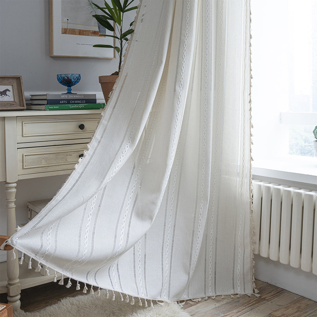 Bay Window Curtain Finished Green Contrasting Color Blocking Curtain Semi-shading Tassel Embroidered Door Curtain Bedroom Rural Style