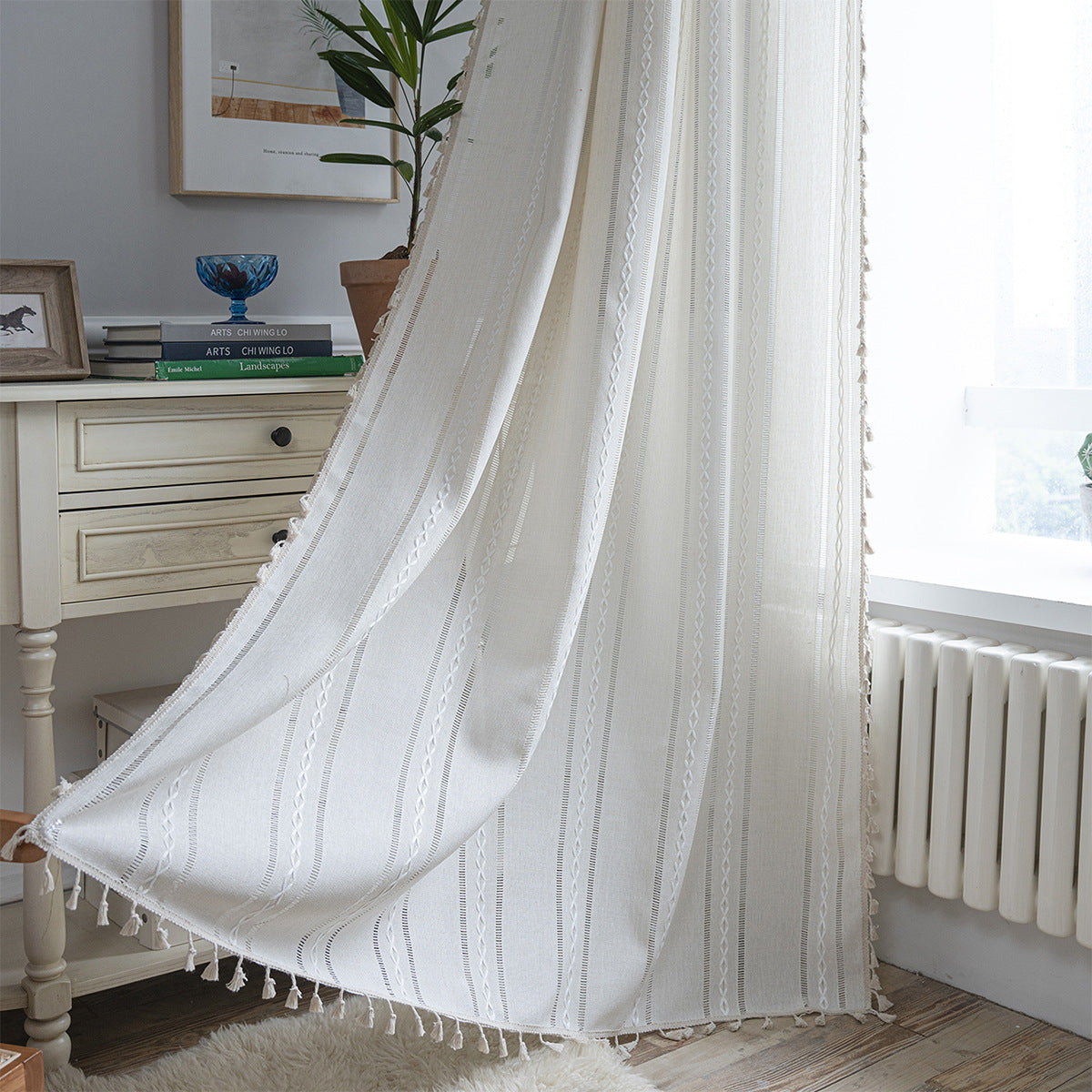 Bay Window Curtain Finished Green Contrasting Color Blocking Curtain Semi-shading Tassel Embroidered Door Curtain Bedroom Rural Style