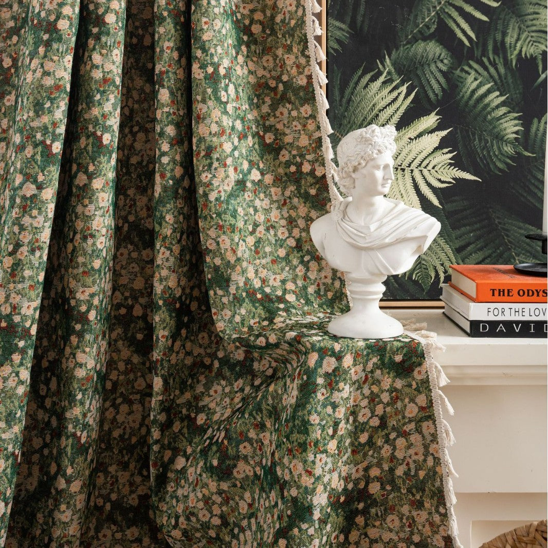 French Curtain Retro Style Thickened Green Floral Curtain Finished Semi-Shaded Green Monet Oil Painting