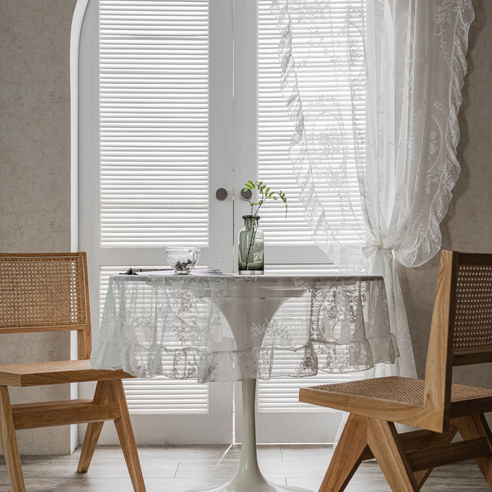 Retro Transparent Lace Gauze Curtain Ruffled Balcony Bay Window White Sand Partition Wave Pastoral Curtain