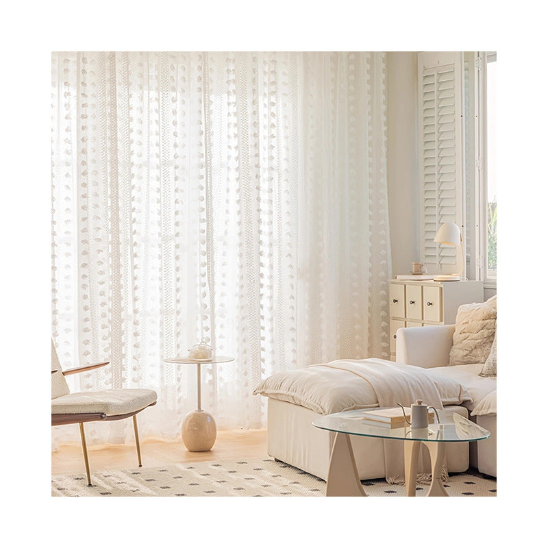 Soft Light Curtains  French white pompom ball yarn transparent curtain yarn curtain bedroom children's room from source factory