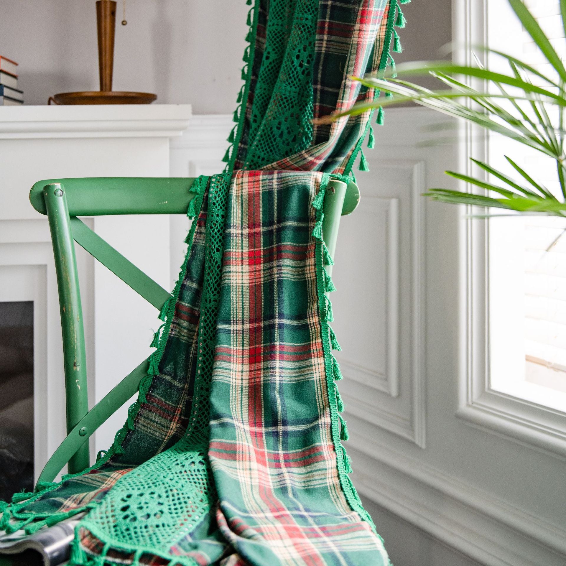 Curtain Green Plaid Stitching Yarn-dyed American Curtain Finished Kitchen Curtain Bay Window Curtain Semi-shading