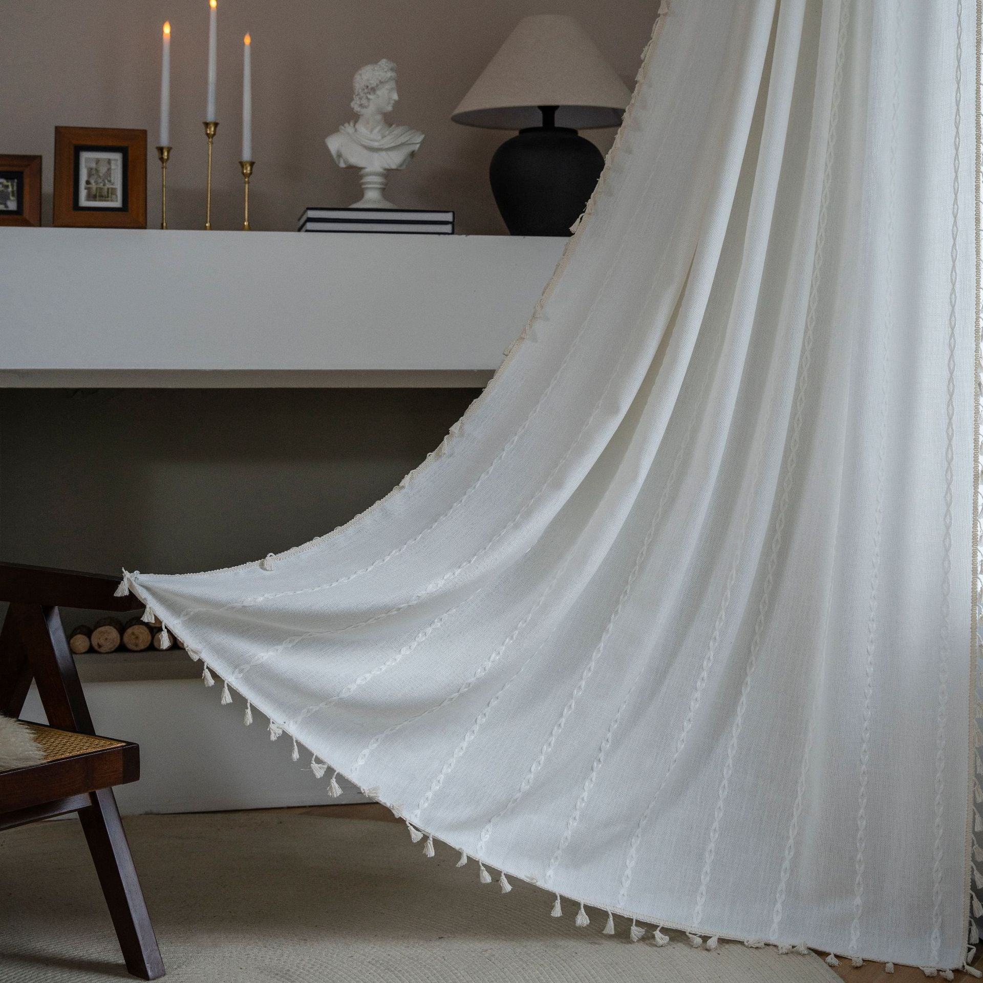 Bay Window Curtain Finished Green Contrasting Color Blocking Curtain Semi-shading Tassel Embroidered Door Curtain Bedroom Rural Style