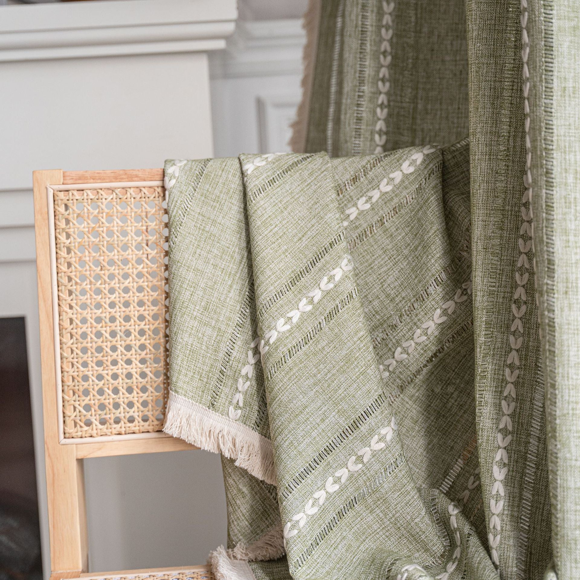 Bay Window Curtain Finished Green Contrasting Color Blocking Curtain Semi-shading Tassel Embroidered Door Curtain Bedroom Rural Style