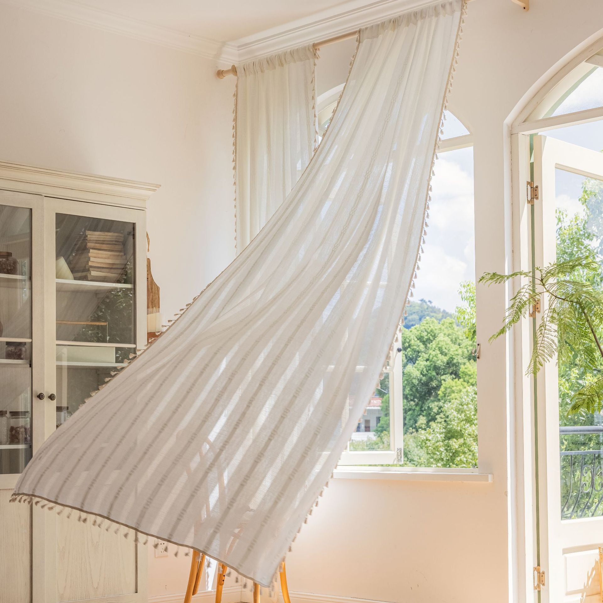 Curtain Finished White Striped Embroidered Curtain Semi-Shading Curtain Hollow Curtain for Kitchen Living Room Window Curtain