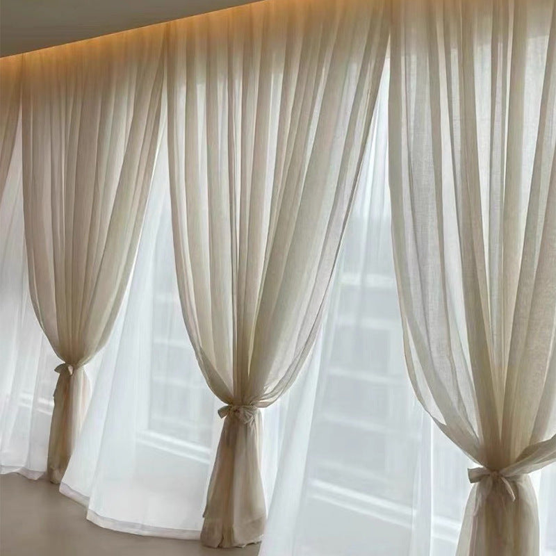 French double-layer cream color linen yarn balcony living room curtain semi-shading transparent gauze curtain floor window
