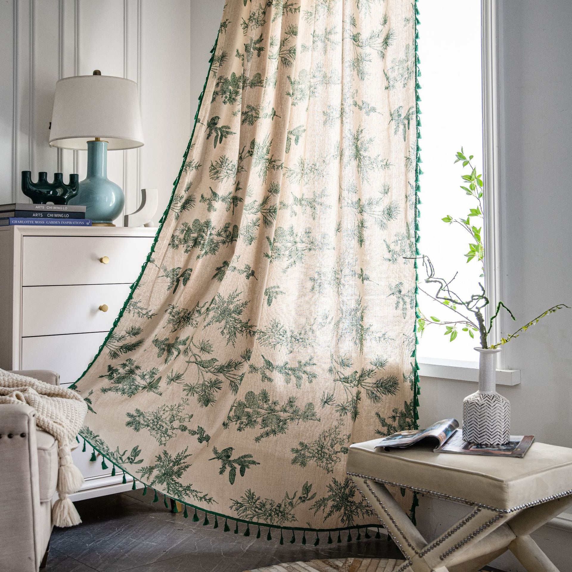 Curtain Finished Cotton and Linen Printed Green Pine Fruit Homestay Curtain Semi-Shaded Kitchen Curtain Bay Window Factory Straight