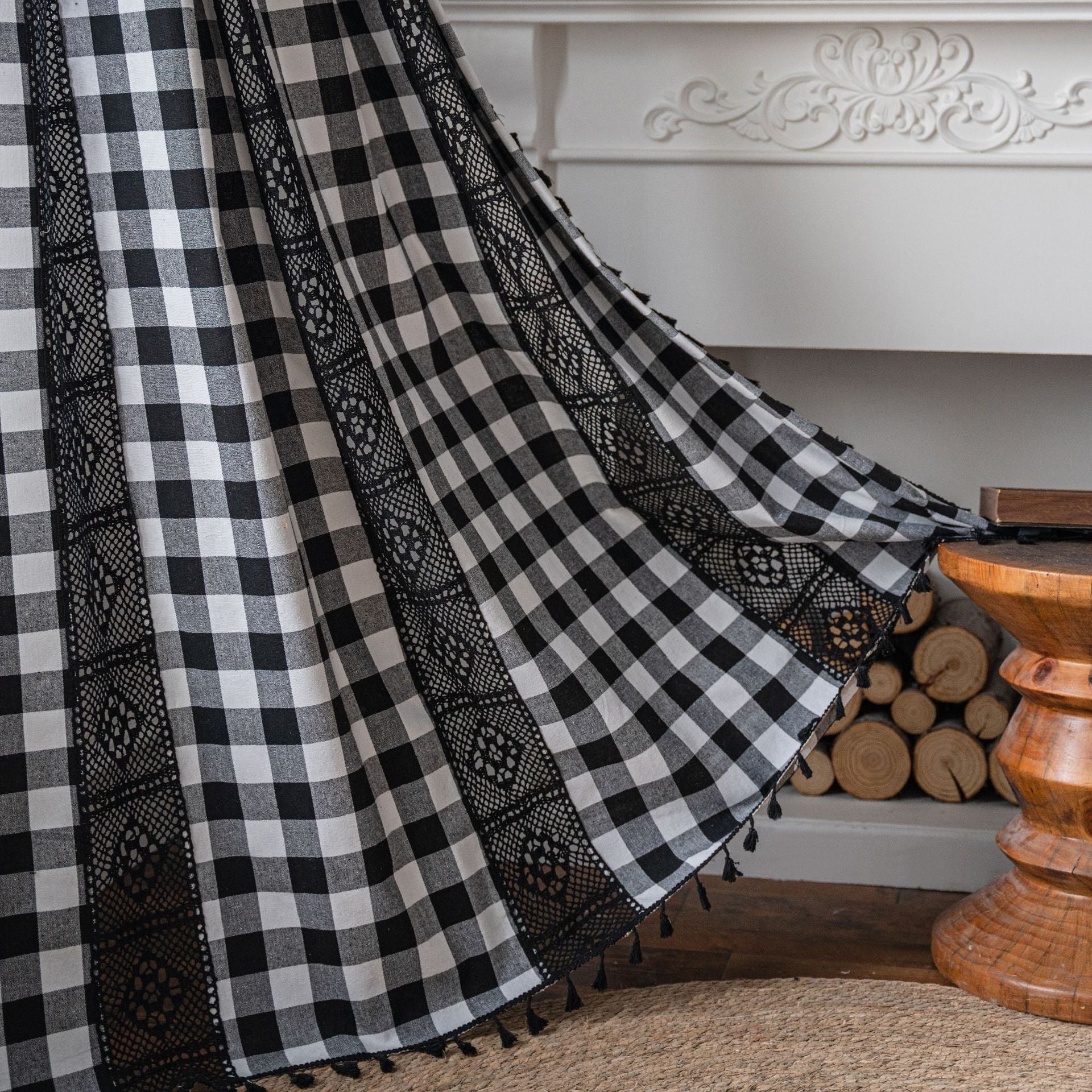 Curtain country style Curtain Finished Printed Hollow Stitching American Style Kitchen Curtain Semi-Shading Curtain Tassel