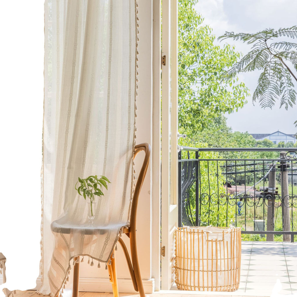 Curtain Finished White Striped Embroidered Curtain Semi-Shading Curtain Hollow Curtain for Kitchen Living Room Window Curtain