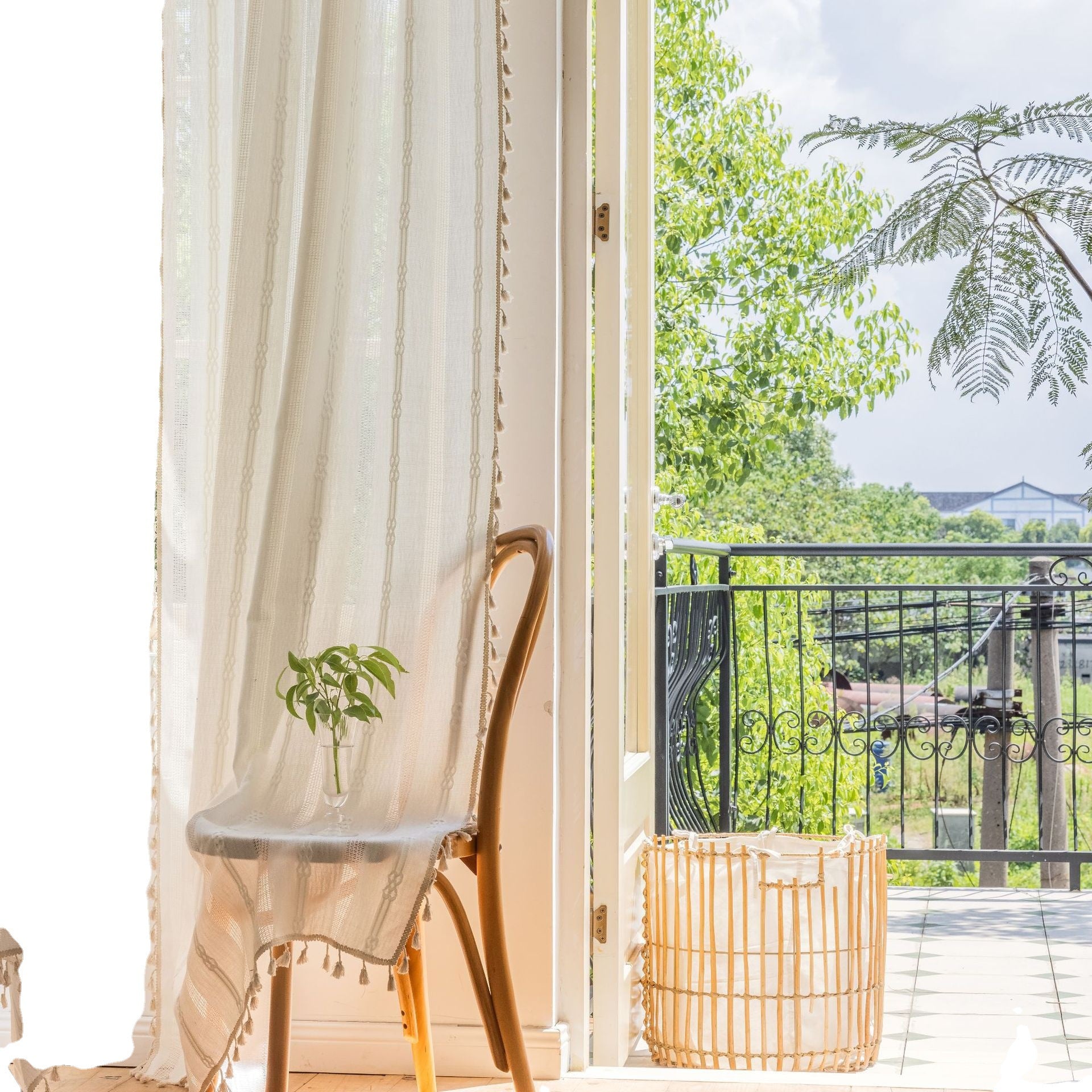 Curtain Finished White Striped Embroidered Curtain Semi-Shading Curtain Hollow Curtain for Kitchen Living Room Window Curtain