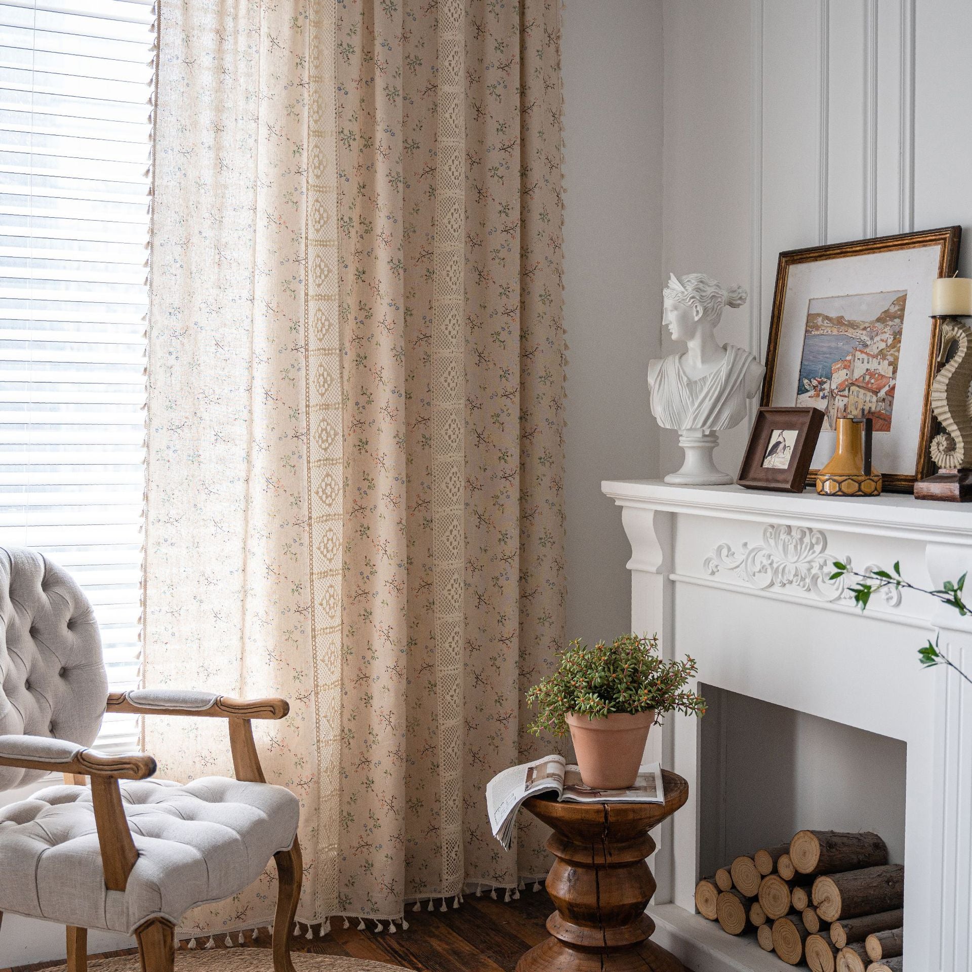 Curtain country style Curtain Finished Printed Hollow Stitching American Style Kitchen Curtain Semi-Shading Curtain Tassel