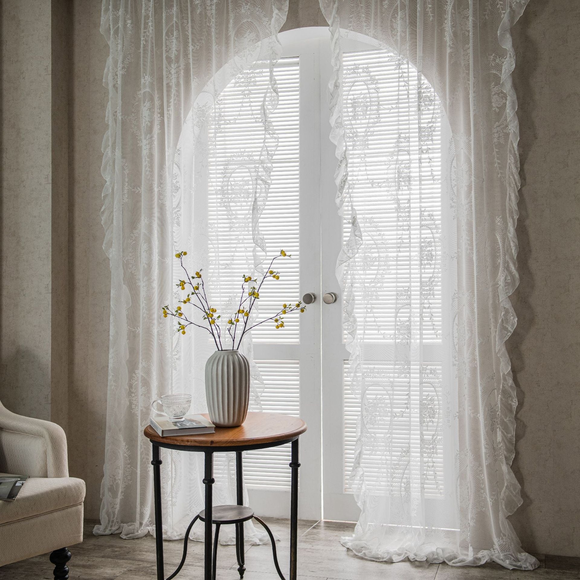 Retro Transparent Lace Gauze Curtain Ruffled Balcony Bay Window White Sand Partition Wave Pastoral Curtain