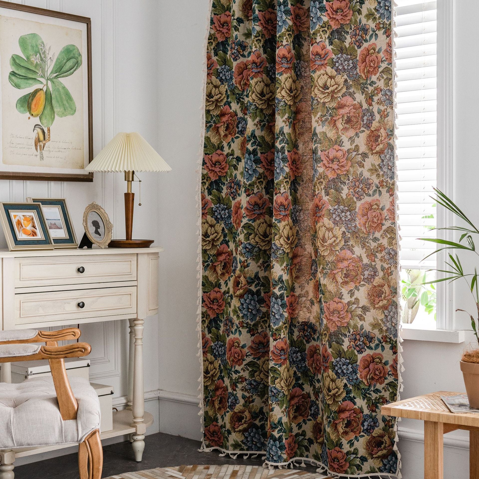 Curtain Jacquard Tassel Kitchen Curtain American Country Bay Window Rose Flower Semi-Shaded Factory Direct Supply