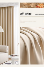 Beige curtain in a room with a sofa and lamp, close-up of fabric texture on the right.