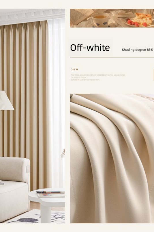 Beige curtain in a room with a sofa and lamp, close-up of fabric texture on the right.