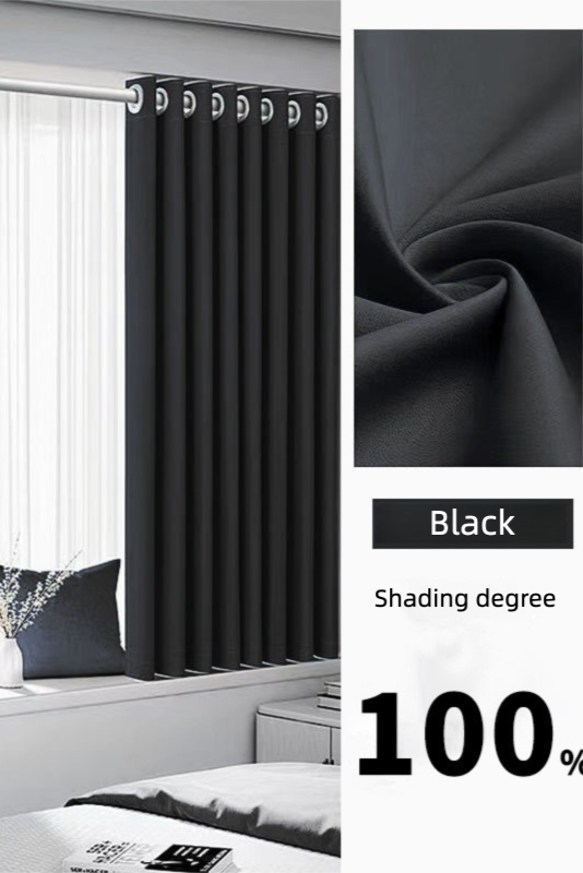 Black curtains with a close-up of fabric and shading degree label in a room setting.